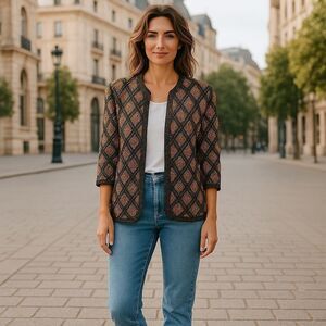 Vintage 1980’s Black & Gold Sequin Diamond Design Jacket Size Small EUC